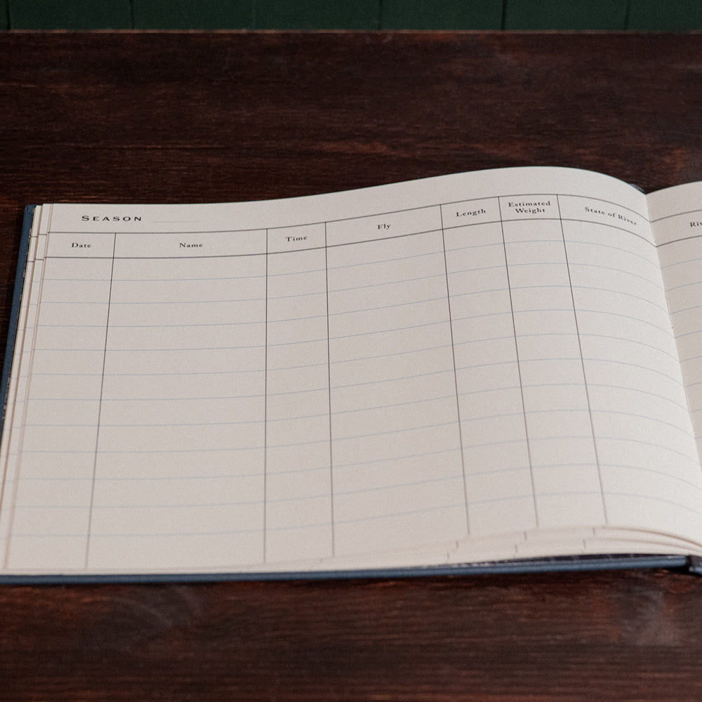 Interior pages of the Atlantic Salmon Log showing fields to record fly, river, and conditions on a vintage wooden desk.