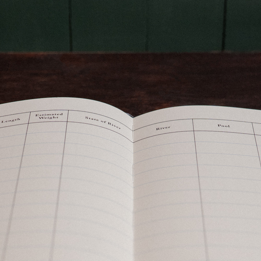 Close up image of the interior pages of the Atlantic Salmon Log showing fields to record fly, river, and conditions on a vintage wooden desk and a green background.