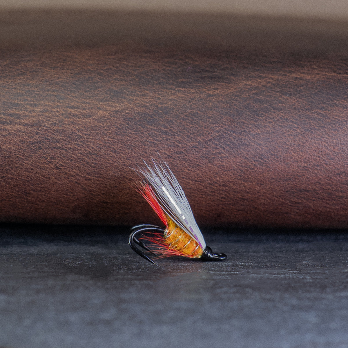 An Atlantic salmon fly named the Patte de l'Isle that is effective on the Gaspe Peninsula for Atlantic salmon fly fishing, tied here on a double hook.
