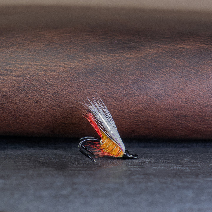 An Atlantic salmon fly named the Patte de l'Isle that is effective on the Gaspe Peninsula for Atlantic salmon fly fishing, tied here on a double hook.