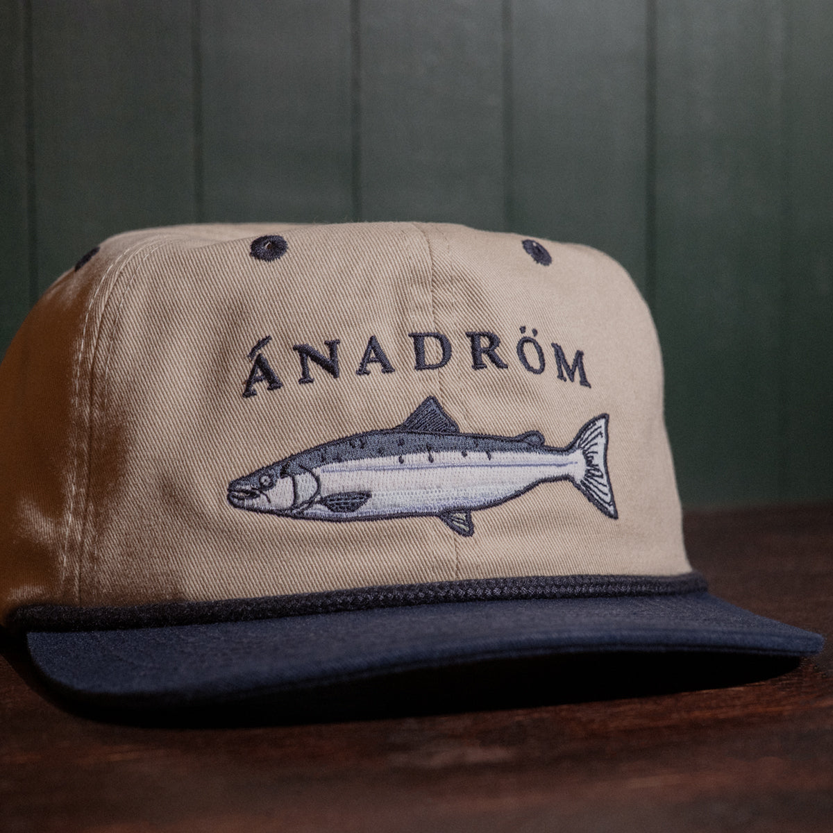Stone and navy cap with embroidered salmon design and 'ÁNADRÓM' text on a dark background