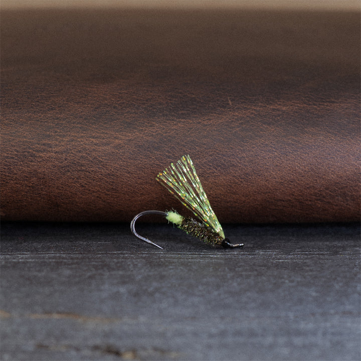 An Atlantic salmon fly named the Crystal Godbout that is popular in Québec for Atlantic salmon fly fishing, tied here on a single hook.