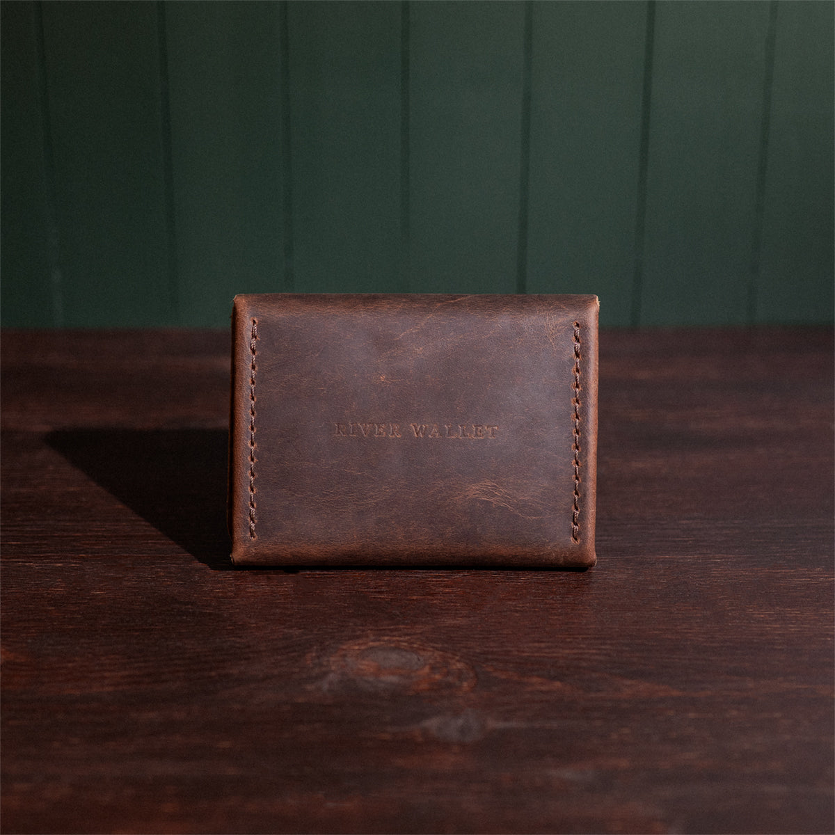 Front view of the Explorer Fly Wallet, a classic vintage-style leather fly wallet for Atlantic salmon flies.