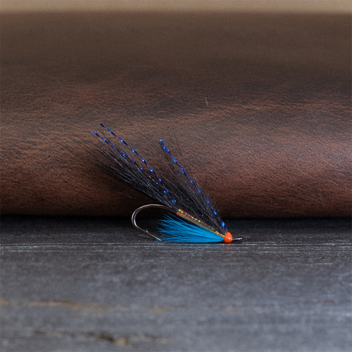 An Atlantic salmon fly named the Haugur that is popular in Iceland for Atlantic salmon fly fishing, tied here on a single hook.