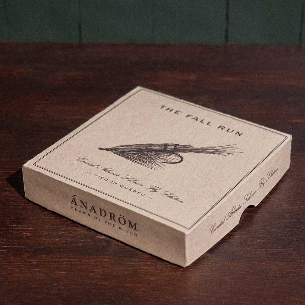 Ánadröm The Fall Run closed box, angled view, with classic General Practitioner fly illustration.