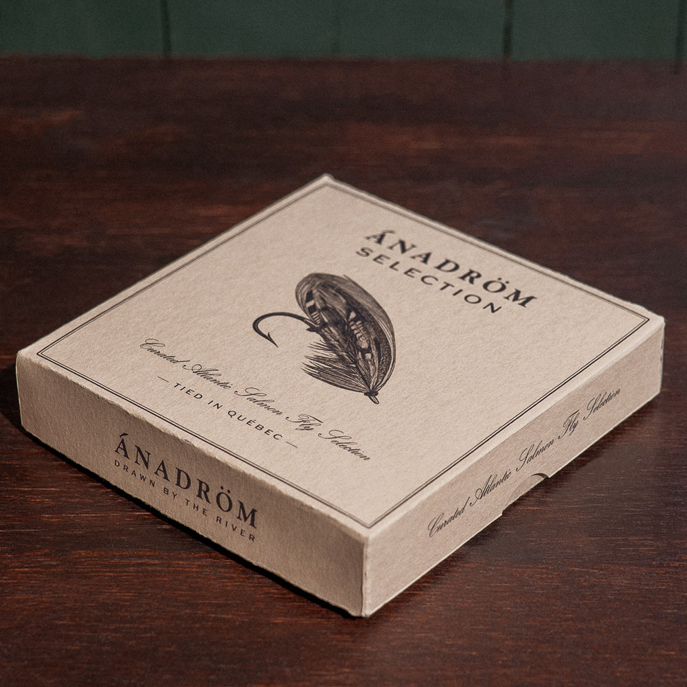 Ánadröm Selection closed fly box, angled view, with Atlantic salmon fly illustration, tied in Québec.