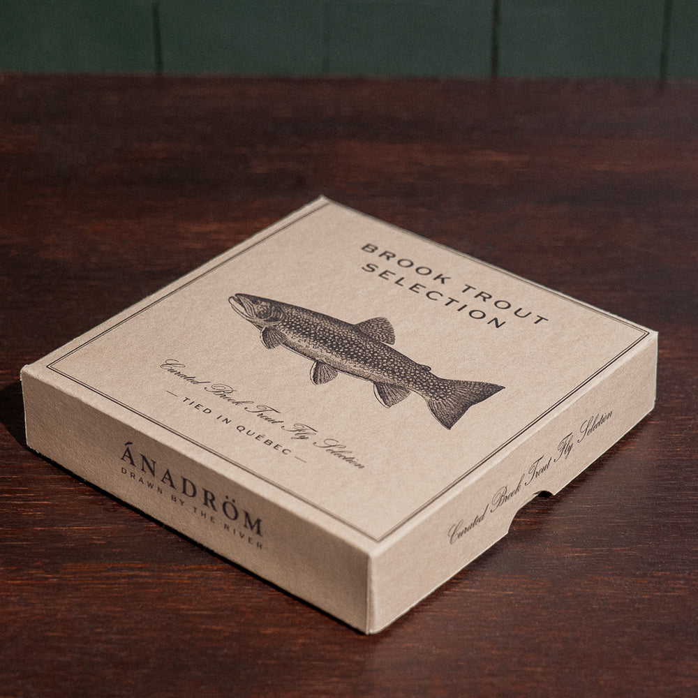 Ánadröm Brook Trout Selection closed fly box, angled view, with brook trout illustration, tied in Québec.