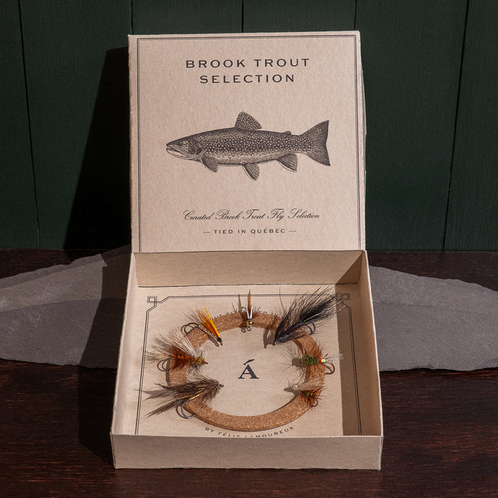 Ánadröm Brook Trout Selection fly box open, showing seven flies hand-tied in Québec on cork insert.